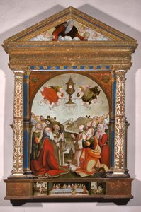 Oltářní obraz Klanění Nejsvětější svátosti v predelle: Poslední večeře, svatý Šebestián a svatý Roch od Raffaele De (fl.1514 1573) Pancalino