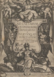 Frontispis s trumpetistickými trubkami usazenými na kartuši lemované tr..., 1606.