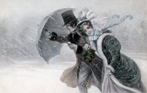 Pár ve sněhové bouři s deštníkem konec 19./začátek 20. století (tisk) od Raimund Ritter Von Brennerstein (1862 1925) Wichera