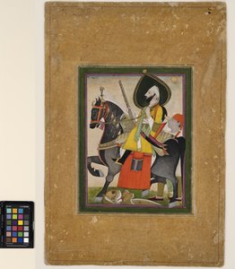 Bakhtawar Singh dobývá lva, cca 1800 (neprůhledný akvarel a zlato na papíře)