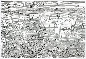 Detail Londýna severně od města z Civitas Londinium (dřevěný tisk)