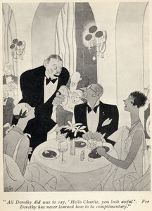 „Všechno, co Dorothy udělala, bylo říct: Ahoj Charlie, vypadáš hrozně.“..., ilustrace z knihy „Ale pánové si berou brunety“ od Anity Loos, vydané v roce 1928