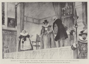 Beaumontova a Fletcherova komedie, The Coxcomb, v podání Elizabethan Stage Society v sále Inner Temple od Ralph Cleaver