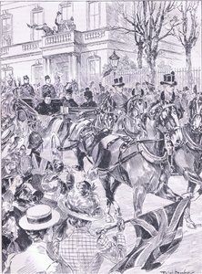 Poslední návštěva Queenů v Londýně v březnu 1900, ilustrace z Cassells History of England, 1900s od Ralph Cleaver