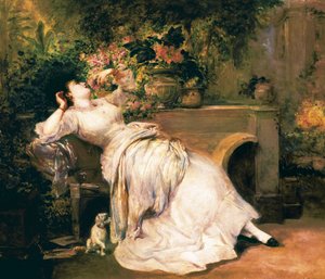 Žena v zahradě. Obraz Ramona Martiho i Alsina (1826-1894), 2. polovina 19. století.