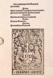 Strana kodexu "De Laudibus Beatissimae Virginis Mariae" od Ramona Llulla (1235-1315), zobrazující dva lvy držící erb tiskaře Jehana Petita od Ramon Llull
