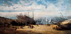 Barceloneta (centrální čtvrť Barcelony). Obraz od Ramona MARTI i ALSINA (1826-1894)