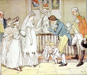 "A velmi nerozvážně se provdala za holiče" z hospody "The Great Panjandrum". od Frederick Warne & Co. (barevná rytina) od Randolph Caldecott