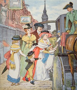Rodinný život v koloniální Americe - Pouliční scéna v Bostonu (akvarel na papíře) od Randolph Caldecott