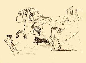 John Gilpin je pronásledován psy, když jeho kůň cválá mimo kontrolu, 1878, c1918. od Randolph Caldecott