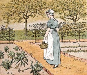 „Šla do zahrady nakrájet zelný list, aby udělala jablečný koláč“, ilustrace z „Sám velký panjandrum“ (barevná rytina) od Randolph Caldecott