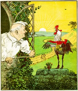 „Toto je kohout, který ráno zakokrhal, který probudil soudce, celý oholený a ostříhaný“, ilustrace z The House that Jack Built od Randolph Caldecott