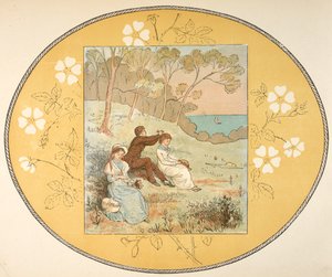 Dvě ženy a muž sedí na mýtině poblíž pobřeží. Květinové hranice. od Randolph Caldecott