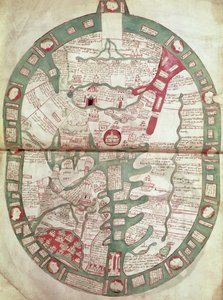 Roy.Ms.14 C. f.1 1v-2r Mapa světa s Jeruzalémem jako středem, Polychronicon, c.1380 (vellum) od Ranulf Higden