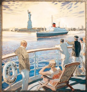 Francie, Amboise, Maiden plavba parníku Normandie, Vjezd do přístavu New York, akvarel