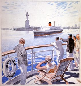 Doprava. Námořní. Příjezd transatlantické Le Normandie do newyorského přístavu. Ilustrace Raoul du Gardier