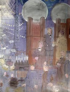 La Fee Electricite, detail levé strany s vyobrazením vědců od Raoul Dufy