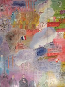 La Fee Electricite, detail pravé strany s vyobrazením stanice a továrních komínů od Raoul Dufy