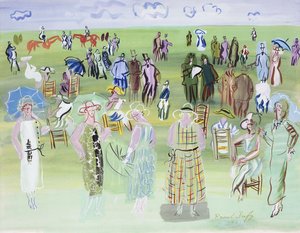 Poiretovy figuríny na dostizích, s modrými deštníky; Les Mannequins de Poiret aux Courses, a l