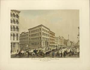 Corner of Lake a La Salle Streets, Chicago, Marine Bank Building v roce 1864