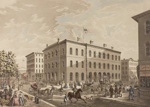 N.W. Roh ulic Dearborn a Monroe, Chicago, zobrazující budovu pošty v roce 1865