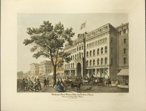 Washingtonova ulice mezi State a Dearbornovou, Chicago, zobrazení Crosbyho opery v roce 1864