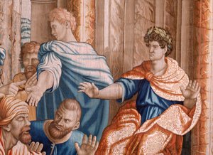 Vlámský gobelín. řada Skutky apoštolů. Elymas oslepl (La ceguera de Elymas). Sedmá tapisérie v sérii. Kreslený model od Rafaela Sanzia. 1519. Manufaktura Jan Raes II, Brusel. Přibližně 1605-1629. Tkanina Hedvábí a vlna. Rozměr 534 x 783 cm. Lokat od Raphael