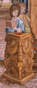 Vlámský gobelín. Řada Skutky apoštolské. Svatý Pavel a svatý Barnabáš v Lystře (San Pablo y San Bernabé en Lystra). 8. látka v sérii, byla rozdělena na dvě části, aby se přizpůsobila místnosti. Kreslený model od Rafaela Sanzia. 1519. Manufaktura Jan Raes od Raphael