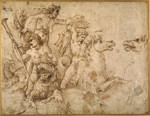 Bitva Tritonů, po Andrea Mantegna (pero a hnědý inkoust na bílém papíře) od Raphael