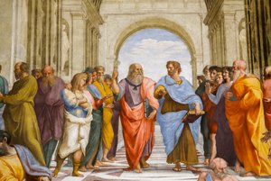 Škola v Athénách, detail. Platón a Aristoteles. 1509 (freska) od Raphael