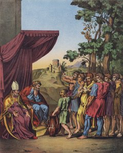 Joshua předsedající přidělení zemí Kanaánu izraelským kmenům (barva litho) od after Raphael