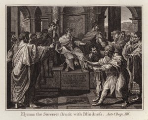 Karikatura Raphaela: Čaroděj Elymas zasažen slepotou, Skutky, kapitola XIII (rytina) od after Raphael