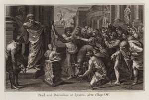 Raphael karikatura: Pavel a Barnabáš v Lystře, Skutky, kapitola XIV (rytina) od after Raphael