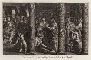 Karikatura Raphaela: Chromý muž uzdravený Petrem a Janem, Skutky, kapitola III (rytina) od after Raphael