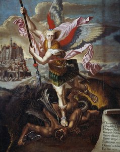 Svatý Michael a ďábel, Raphael Sanzio, ex-votiv šesti poutníků na pouti na Mont Saint-Michel od Raphael (1483 1520) (after)