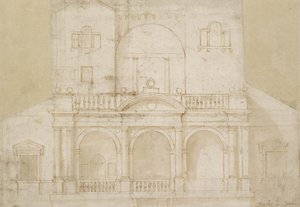 Architektonický design (Villa Madama) (pero a hnědý inkoust s hnědým praním na špinavě bílém papíře) od Raphael