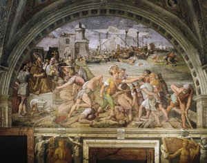 Fanlight, freska Raffaello Sanzio (1483-1520) a následovníci, zobrazující bitvu u Ostie, Stanza dell