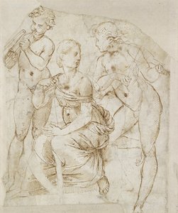 Skupina hudebníků (pero a hnědý inkoust na bílém papíře) od Raphael