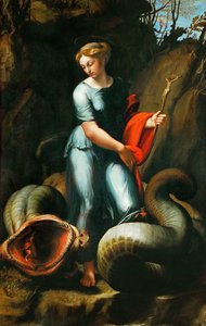 Markéta Antiochijská Pisidská (nebo Saint Marine, Marina) (zemřela kolem roku 305) - Svatá Markéta - Rafael (Raffaello Sanzio da Urbino) (1483-1520). Olej na dřevě, cca 1518. Rozměr: 191,3x123 cm. Uměleckohistorické muzeum, Vídeň od Raphael