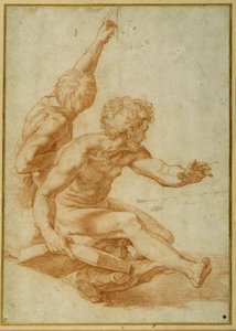 Studie aktů pro svatého Ondřeje a dalšího apoštola v Proměně (červená křída přes prohlubeň pera na krémovém papíře) od Raphael