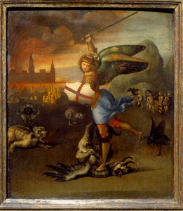 St. Michael and the Dragon c.1505 Raphael (1483-1520/Ital) Olej na dřevěné desce - “”Saint Michel terrassant the dragon””” Obraz Raffaello Sanzio (Raphael) (1483-1520) 1505 Sun. 0,29x0,25 m od Raphael
