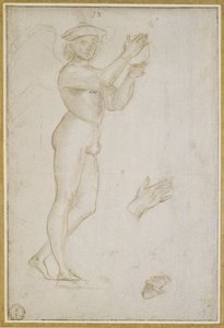 Studie mladého muže tvořícího hudbu (stříbrný bod, zvýrazněný tělovou barvou, na světlém kamenně šedém preparátu) od Raphael