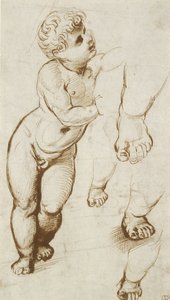 The Infant Christ a další studie (pero a tmavě hnědý inkoust přes předběžné indikace v leadpointu, na bílém papíře) od Raphael