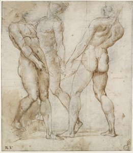 Tři nahí nositelé (studie pro Pohřeb Krista), WA1846.173 (pero a hnědý inkoust na černé křídě, s červenou křídou na geometrických označeních) od Raphael