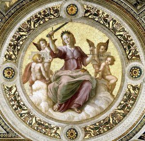 Lady Justice Fresco ve Stanza della Segnatura, cca 1510-1511. od Raphael