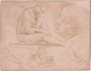 Studie sedící ženy, dětská hlava a tři studie miminka od Raphael