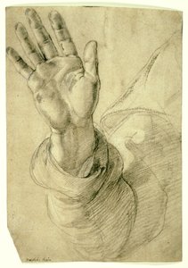 Zvednutá pravá ruka s dlaní směřující ven: Studie pro svatého Petra, 1518–20 od Raphael