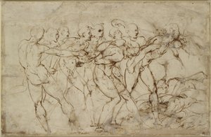 Bitva nahých válečníků se zajatci, WA1846.179 (pero a hnědý inkoust na černé křídě) od Raffaello Sanzio Raphael