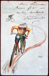 Pohlednice ženy na kole - kresba R. Kirchner, kol. 1900.