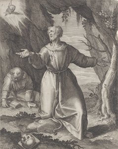 Svatý František klečící s rozpaženýma rukama, hledící na cherubína vlevo nahoře,..., 1599.